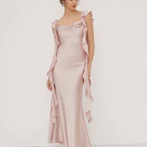 Cider SATIN COWL NECK SOLID RUFFLE HEM MAXI DRESS